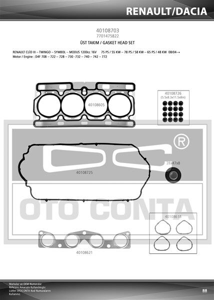 MOTOR TAKIM CONTA CLIO II 01>06 CLIO III 05>14 CLIO IV 12>SYMBOL II 08>14 LOGAN 04> SANDERO 08> 1.2 16V D4F