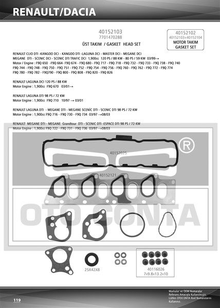 MOTOR TAKIM CONTA SKC SİZ MEGANE I-II SCENIC I-II CLIO II-LAGUNA I-II KANGOO 96> VİVARO A-MOVANO A-CARISMA-SPACE STAR MPV-PRİMERA VOLVO S40 96> 1.9dCi F9Q