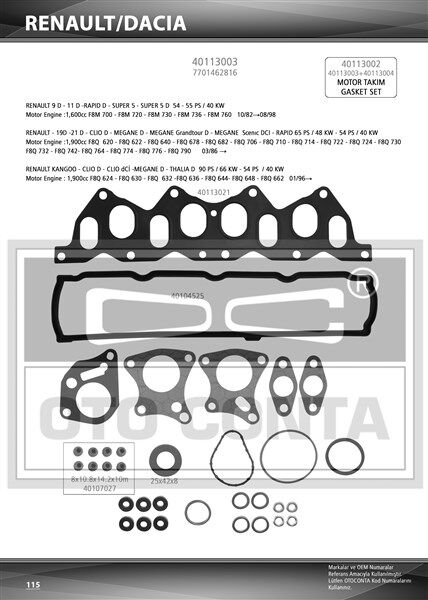 ÜST TAKIM CONTASI KNG-R19-MGN-SCENIC 1.9 DZL. SKT KEÇELİ SUBAP LASTİKLİ SKC SİZ