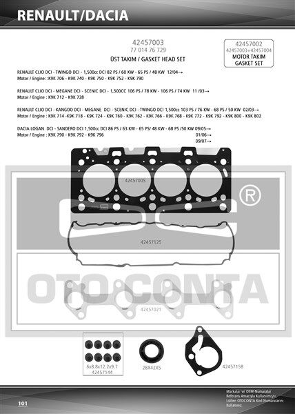 ÜST TAKIM CONTASI SKC LI MEGANE II 02>CLIO II 02>CLIO III 05>LOGAN 04>SANDERO 08>NOTE 06>11 E11 MICRA III 05>10 SUZUKİ JIMNY 03> 1.5 DCI K9K SKT KEÇELİ SUB.LAST K9K 712-714-718-724-760
